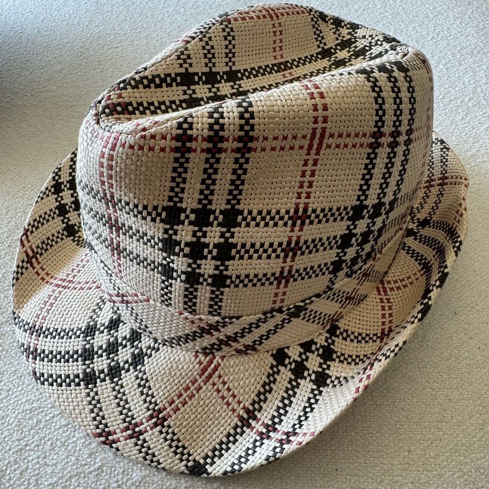 Burberry Checkered Fedora Hat in Black, Red, and Cream